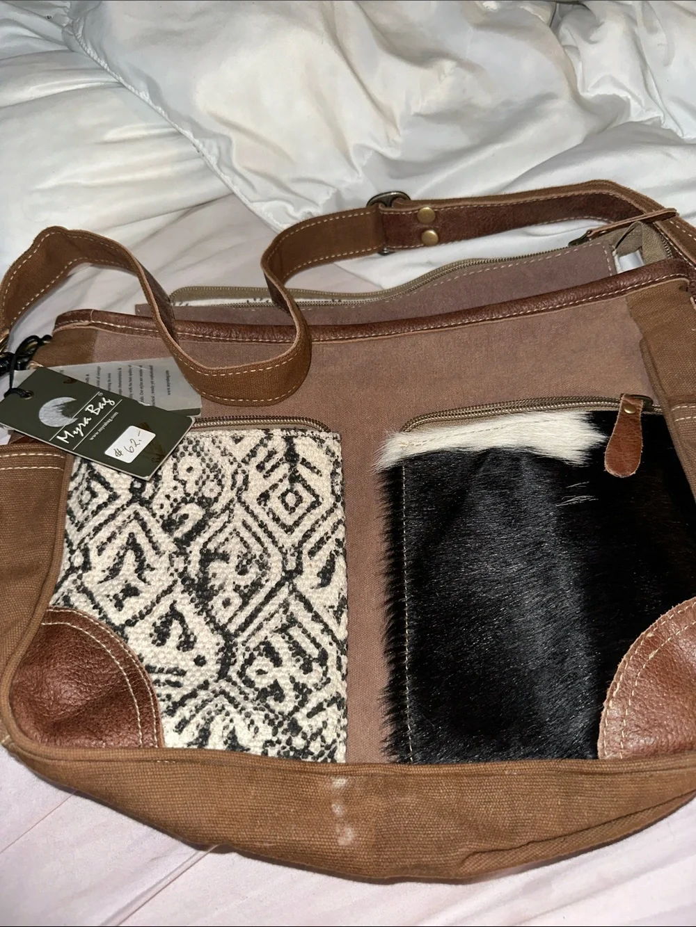 NWT Myra Two Tone Messenger Bag brown suede leather cow hide adj rem strap
